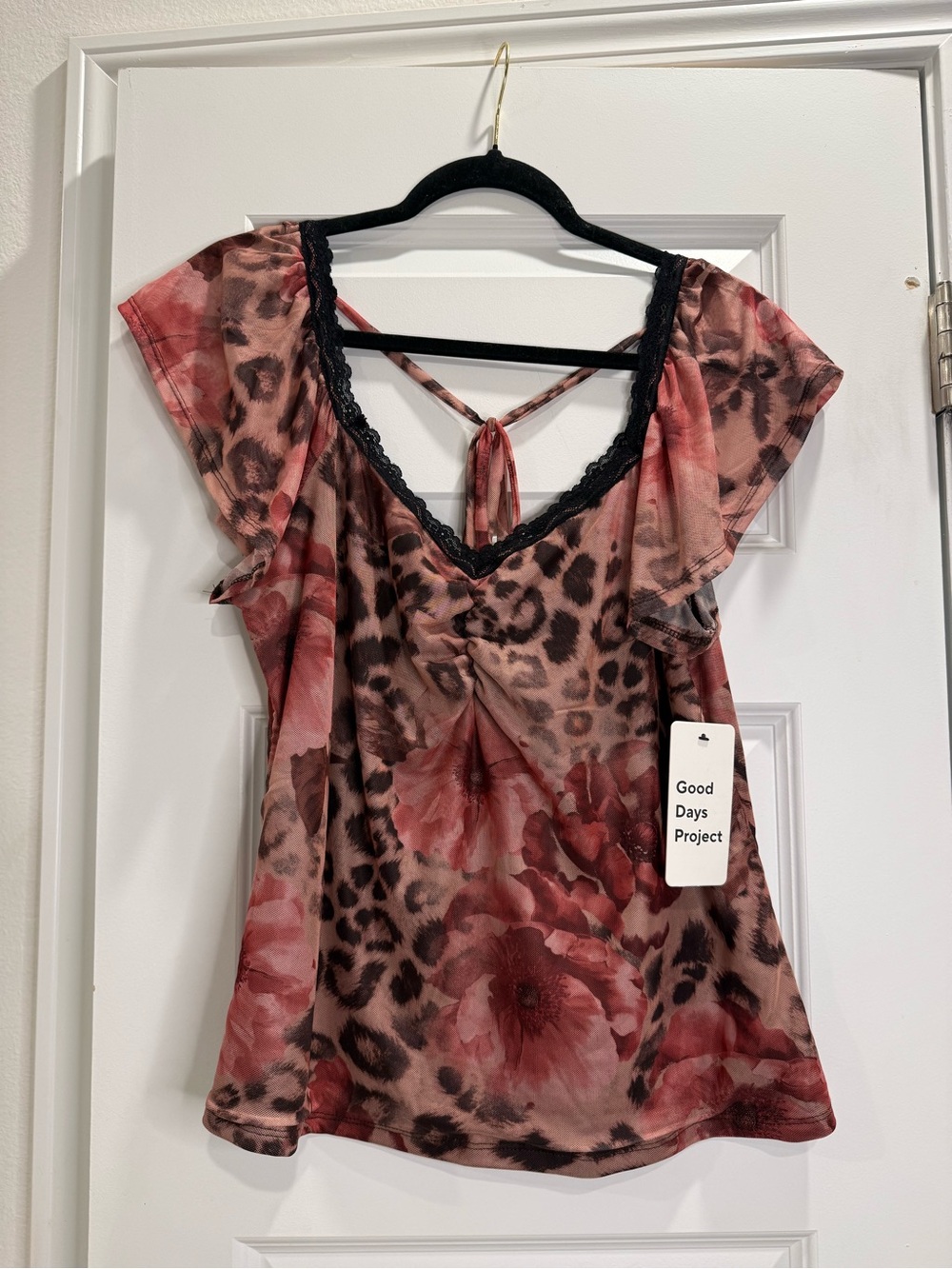 Y2K Good Days Project Whimsigoth Animal Print  Lace Trim Ruched Top – NWT